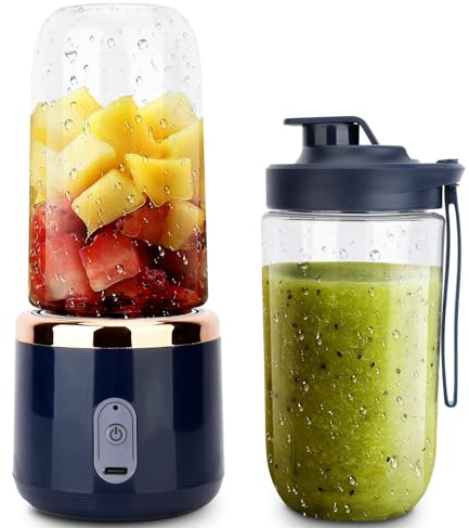 Portable Mini Blender, Smoothie Maker for Shakes and Smoothies, Portable Juicer with 6 Blades, Breville Blender, USB Rechargeable, 14 Oz with Travel Lid for Kitchen, Gym, Travel, Office (Black)