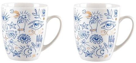 GENEVIEVE LETHU 540696 - Set di 2 tazze da 35 cl, in porcellana, collezione MATAKI, colore: bianco-blu-oro, tazza da caffè, tè, tisana in scatola