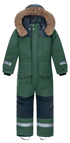 L SERVER Kinder Skianzug Jungen mit Kapuze Winddichte Wasserdichte Schneeoverall Mädchen Warmer Schneeanzug Dickere Skioverall mit Reflektierenden Streifen, Armeegrün, 146