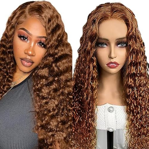 Hxxcoup Peluca de Encaje Marrón Claro - Cabello Humano Natural, Larga, Sin Pegamento, Onda de Agua, 13x4 Frontal, Listo para Usar, #30, 26 Pulgadas