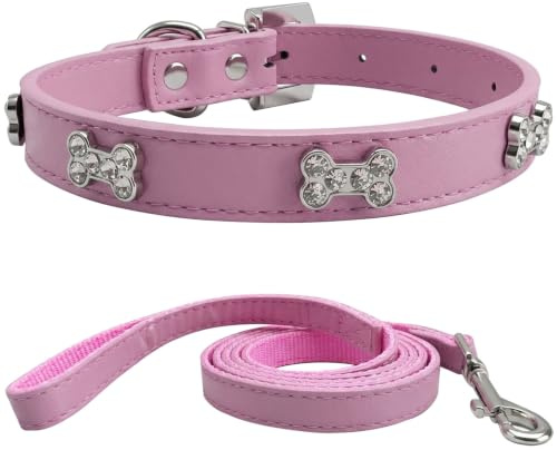 HALFSUMO Halsband und Leine Set Hundehalsband Leder Hundehalsbänder Verstellbares Welpenhalsband für Kleine Mittelgroße Hunde Rosa S