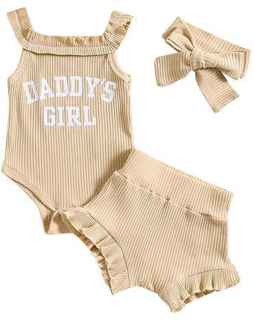 Generisch Salopette corte per bambine e bambine, estive, senza maniche, con stampa di top, 3 pezzi, abbigliamento per bambini, abbigliamento di Natale, beige., 12-18 Mesi