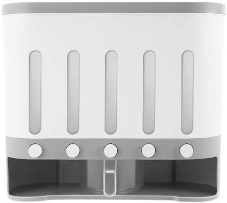 Dispensador de cereales de 5 rejillas, dispensador de cereales, dispensador de 3 compartimentos, dispensador de aperitivos con tapa, adecuado para legumbres de trigo, diferentes tipos de cereales