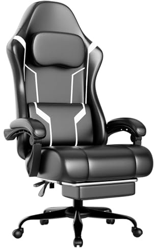 HOTOSYCH Sedia da Gaming Ergonomica, Sedia da Ufficio con Imbottitura a Molle Insacchettate e Poggiapiedi, Sedie Gamer Regolabile in Altezza con Seduta Girevole e Poggiatesta (Similpelle, Bianco)