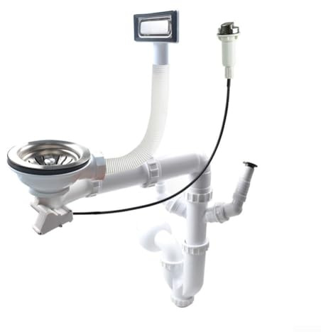 Siphon d'évier mural en acier inoxydable SUS304 - Kit de vidage pour lavabo simple - Système de drainage de sortie arrière avec coude de raccordement au lave-vaisselle et bouton rotatif de contrôle de