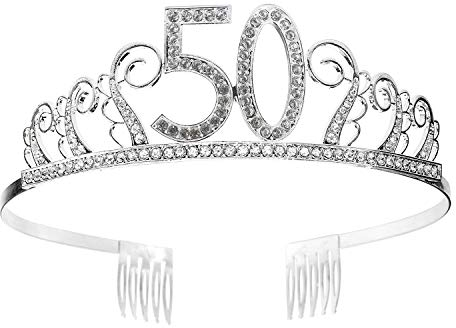 50 Geburtstag Krone Diadem Tiara mit Haarkamm Kristall Strass Silber Geburtstagsgeschenk zum 50 Jahre für Frauen Prinzessin Party Supplies und Dekorationen mit Kristall Silber
