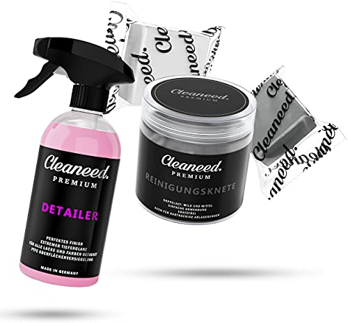 Cleaneed Premium Reinigungsknete Auto Doppelset + Detailer Bundle [2X 100g Auto Knete Set - Mittel & Mild + 500ml Detailer als Gleitmittel] – Schonende & einfache Lackreinigung