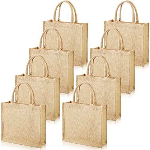 Shappy 8 Pack Burlap Tote Bags with Handles 12.2 x 11 x 4.7” Jute Tote Bags with Laminated Interior Reusable Grocery Bag for Women Bridesmaid Wedding Gift DIY Art Crafts Decoration Beach