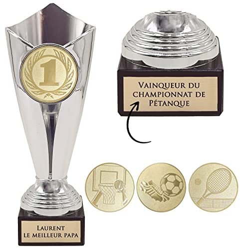 KDO MAGIC - Trophée Personnalisable - Coupe personnalisé avec Gravure - Cadeau fête des pères, noël, Retraite, événement Sportif - Or/Bronze/Argent (Argent, Numéro 1)
