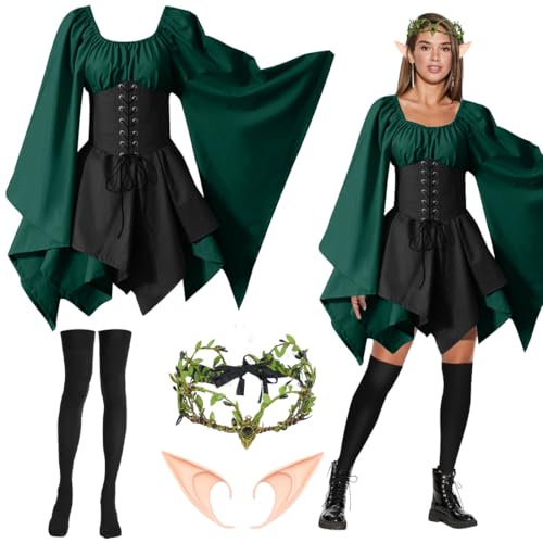Capaneus Mittelalter Kostüm Damen, Mittelalter Kleid Gothic, Elfen Waldfee Kostüm mit Elfenohren, Haarschmuck, Overknee Socken, Kleid Renaissance für Damen Karneval Halloween Cosplay