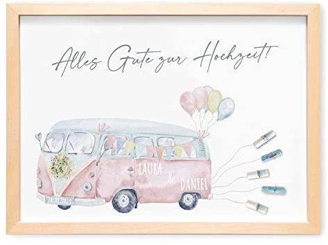 DEL MÀ Unique & Personal Hochzeitsgeschenk für Brautpaar Personalisiertes Bild mit Bulli Camper Van Geldgeschenk Hochzeit Hochzeitsposter Geld Verpackung