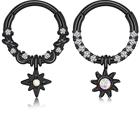 Longbeauty 2 Pcs 16G Septumringe CZ Klicker Piercing Edelstahl Dangle Nasenringe Ohrringe Piercing Schmuck, Stil A, 8MM, Schwarz