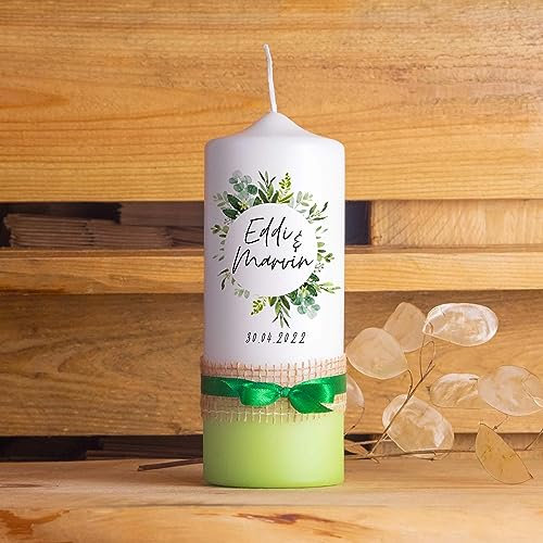 Hochzeitskerze | Kreis | 15-30 cm Höhe | Traukerze | Personalisierte Kerze (Größe: 25 cm, Kerzenfuß: Farb-Dip mit Schleife)