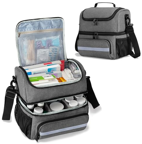 CURMIO Doppelschicht Medizinische Tasche, Tragbar Reiseapotheke Tasche, Notfalltasche für Medizinflasche, Vitamine, Medizinisches Zubehör (Leere Tasche), Grau