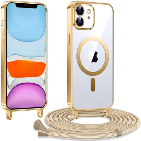 Kokio Handykette Hülle für iPhone 11 mit Band, Magnetische Transparent Handyhülle Kompatibel mit MagSafe, Kratzfeste Stossfest Schutzhülle mit Einstellbar Kette,Gold
