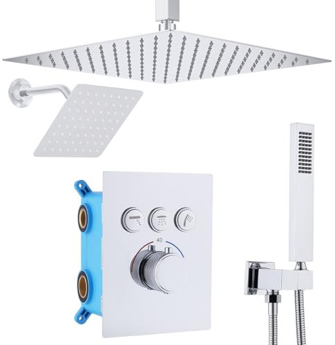Delnet Dual Shower Heads Shower System with 12 Ceiling Mounted Rain Shower Head & 6 Wall Mounted Head Full Body Shower Set 3 Way Thermostatic Shower Valve Can All Use Together, Chrome