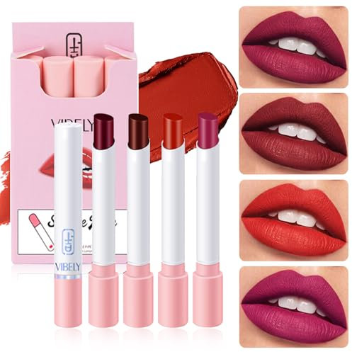 Lippenstift 24 Stunden Halt - 4 Farben Wasserfest Samtmatt Nicht Klebend Lippenstift - Seidenweiche Textur Hochpigmentiert Lipstick Für Frauen & Mädchen Lippen Make Up