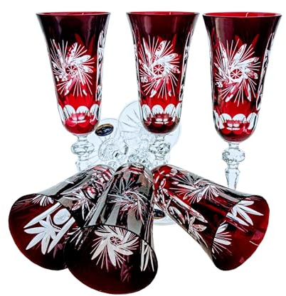 MaRika Lot de 6 flûtes à champagne en cristal rouge rubis - 150 ml - Fait à la main - Idéal pour les moments festifs - Idée cadeau de qualité supérieure avec des couleurs vives
