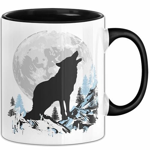Wolf Tasse Geschenk Heulender Wolf Vollmond Grafik Geschenkidee (Schwarz)