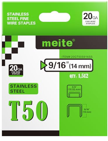 meite Edelstahl Tackerklammern Typ G 11–14 mm, T50 Tackerklammern, Typ 140/14 mm für Tackerklammer, 20 Gauge, 10,5 mm Rückenbreite, rostfreie Polsterklammern für maritimen Einsatz (1.512 Stück)