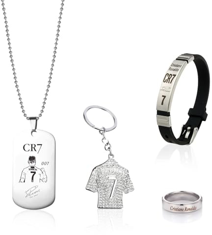 AHEJIOO Nummer 7 Fußball-Accessoire-Set mit Armband, Halskette, Ring und Schlüsselanhänger - Edelstahl und Silikon Design für Fußballfans, Geschenk für Männer und Jugendliche