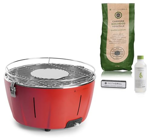 Classe Italy | Barbecue a Carbonella senza fumo, da Tavolo, da Balcone, Portatile. Include Batteria Ricaricabile, Carbone e Gel per accensione, in soli 5 minuti. Grill da Campeggio. PAK Rosso Corallo