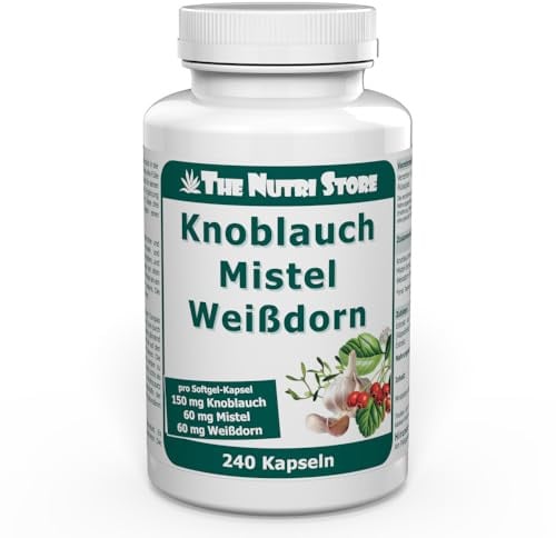 Knoblauch Mistel Weissdorn Kapseln 240 Stk. - 450 mg Knoblauch-Extrakt je Tagesdosis - 2 Monatsvorrat - The Nutri Store - Made in Germany