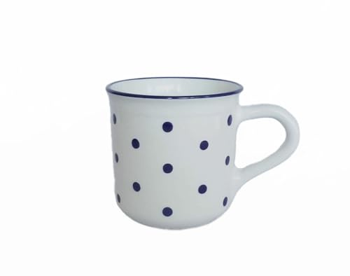 UNGARNIKAT - Keramik Frühstückstasse 500 ml – Weiß mit handbemalten dunkelblauen Punkten – Landhausstil – Handgemachter Kaffeebecher - Jumbotasse – Spülmaschinenfest & Mikrowellengeeignet – XXL Tasse