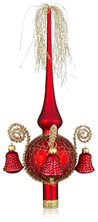 Weihnachtsbaumspitze mit Formglöckchen rot matt,umsp. L ca. 28cm d(Kugel) 7cm mundgeblasen,handdekoriert,Leonischer Draht Lauschaer Glas