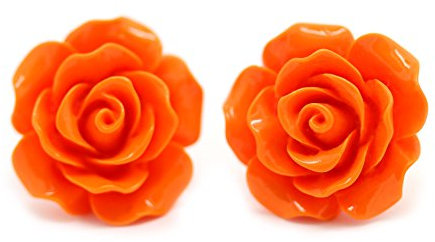 Bluebubble ENGLISH ROSE 22mm Citrus Orange Carved Rose CLIP ON Earrings on Gift Card