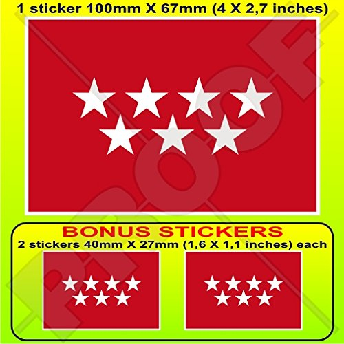 Vinyl-Aufkleber, Motiv: Madrid-Flagge Spanien, Comunidad de Madrid, Spanien, 100 mm, 1 + 2 Bonus