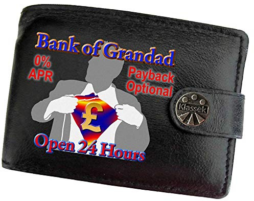 Klassek Bank of Grandad Pound Funny Humourus Joke Mens Wallet Real Black Leather RFID Blocking with Coin Pocket and Metal Gift Box