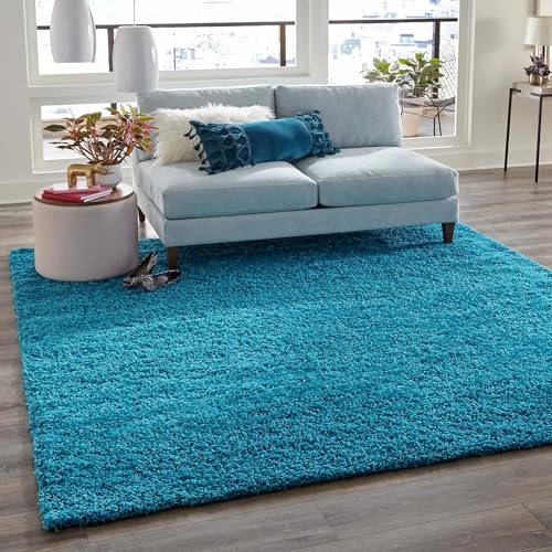 Prime Shaggy Hochflor Langflor Teppich Einfarbig Modern Türkis, Maße:70x140 cm