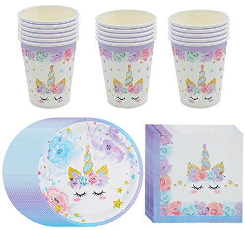 48 Pcs Licorne Party Supplies Cadeau Enfants Parfaits Accessoires D'anniversaire pour 16 invités Party Décoration pour Filles Vaisselle 16 * Coupe 16 * Serviettes 16 * Disque - Violet