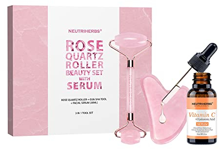 Neutriherbs Ensemble rouleau de jade et Gua Sha pour le visage avec sérum à la vitamine C (kit 3 en 1) massage facial soins de la peau pour les poches oculaires, raffermissement de la peau