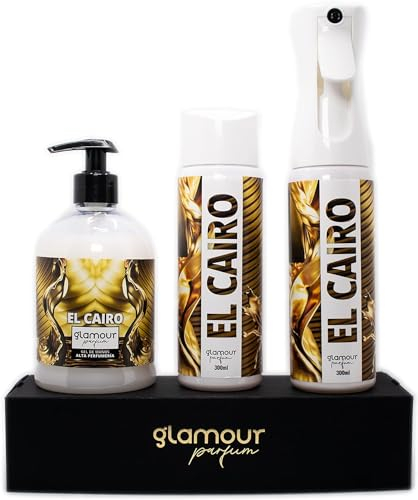 GLAMOUR PARFUM - Pack Ambientador Textil + Recambio 300 ml + Jabón de Manos 500 ml - Ambientador Hogar El Cairo - Aroma Frutal y Floral - para Pulverizar en la Cama o en Cortinas