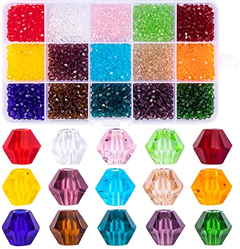 MissAudrey Glasperlen Doppelkegel Perlen für Armbänder, 15 Farben Kristall Perlen Set Perlen Armband Selber Machen mit 1800 Stück für Schmuck Herstellung ketten handykette (4mm)