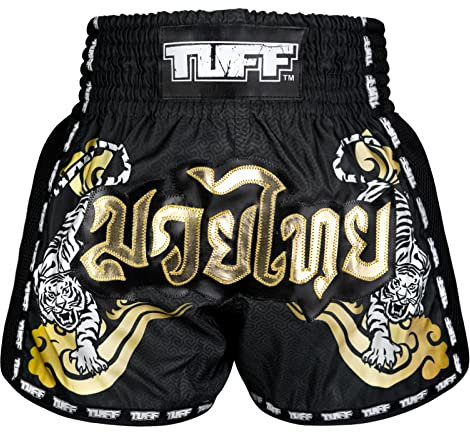 Tuff Sport Short de Boxe rétro pour Muay Thai, Coupe ajustée, MMA, Kickboxing, TUF-MSC120-BLK, Taille M