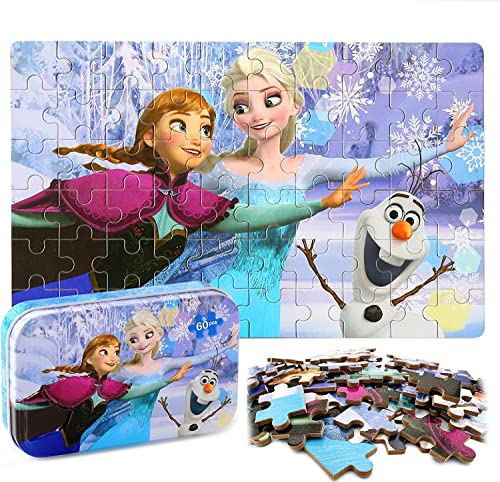 Kinderpuzzle, Holzpuzzle, Puzzle 60 Teile, Holzpuzzle ab 3 4 5 Jahren, Gehirntraining Spielzeug für Kinder, Geburtstagsgeschenk mit Metall Aufbewahrungsbox für Kinder (A)