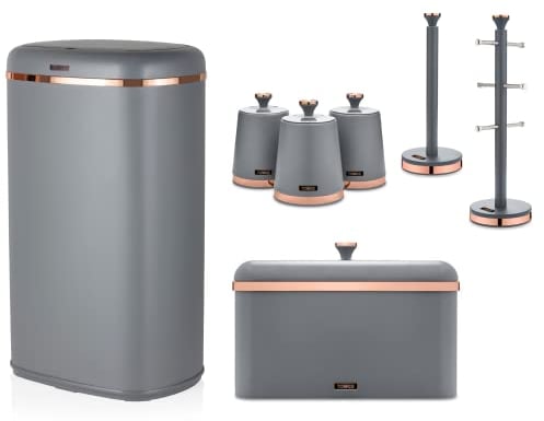 Tower Cavaletto Kitchen Accessories set of 7 in Grey & Rose Gold including 58L Square Sensor Bin, Bread Bin, 3 Canisters, Mug Tree & Towel Pole. Contemporary Matching Set of 7 in Grey