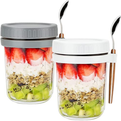BIKALAN Glas Müslibecher to go mit Löffel, 400ml Joghurtbecher Overnight Oats Gläser, Luftdicht Behälter für Jogurt Müsli Mepal Porridge Milch Früchte (Weiß & Grau)