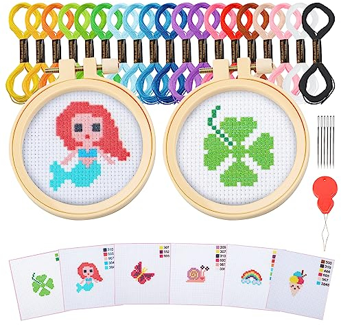 Ysimple Set da ricamo, per bambini, a punto croce, per bambini, adulti, principianti, include 6 motivi a punto croce e 2 cornici per ricamo, anello per fai da te, artigianato, cucito (estate)