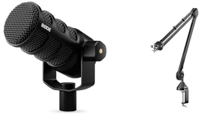 RØDE PodMic USB Micrófono dinámico de transmisión versátil con conectividad XLR para podcasting, Juegos y creación de música y de Contenido & PSA1 Brazo de Estudio Profesional