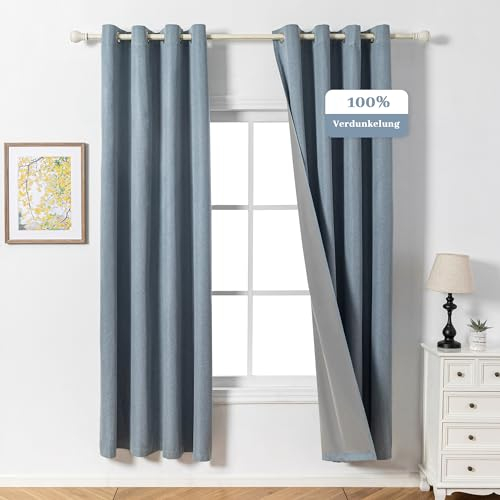 MYSKY HOME Blickdichter Vorhang mit Ösen Gardinen Kälteschutz Verdunklungsvorhänge Leinenoptik Blickdichte Gardine für Wohnzimmer,Graublau,2er Set H 200 x B 140 cm.