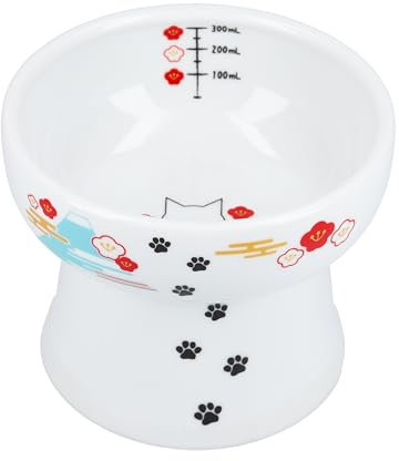Necoichi Elevated Ceramic Cat Bowls for Indoor Cats - Raised Cat Food Bowl, Cat Water Bowl, Cute Lifted Cat Dishes for Food, Whisker Friendly, Anti-Spill Feeding for Small Pet, Kitten, 4.1” Fuji Style