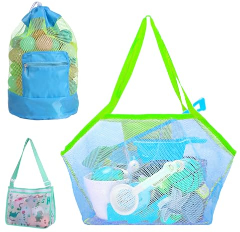 Mesh Strandtasche, Blumacht 3 Pcs Strand Spielzeug Tasche für Sand Spielzeug Wasser Spielzeug, XL Strand Taschen für Strand Spielzeug, Badeanzug Lagerung Tasche