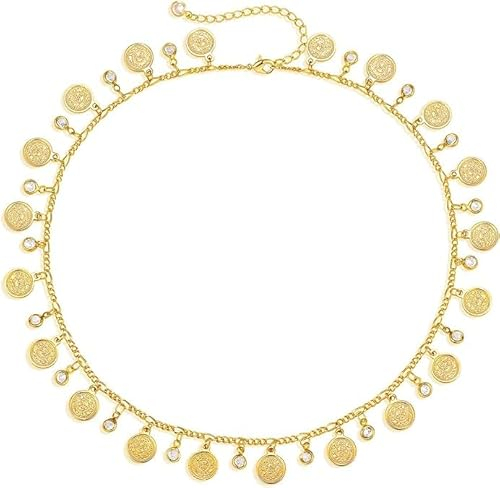 Jenosy 18K Coin Plättchen Ketten Gold Choker Kette Damen mit Runden Quaste Anhängern Zirconia Wasserfest Boho Halskette für Frauen Schmuck