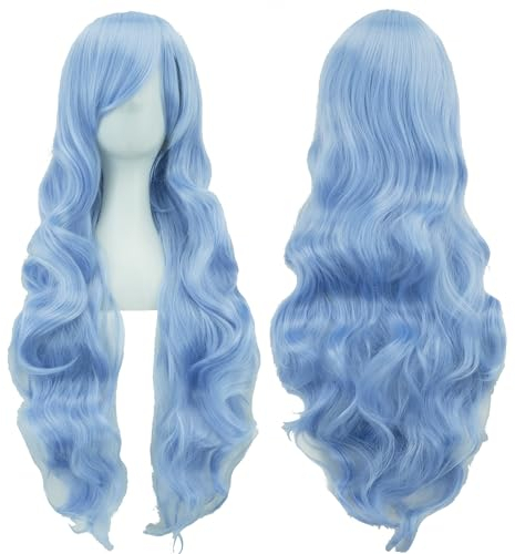IMISSU 80cm langes lockiges Naturhaar Cosplay Perücke mit Pony Buntes Halloween Kostüm Party Perücken für Frauen (Elf Blau)