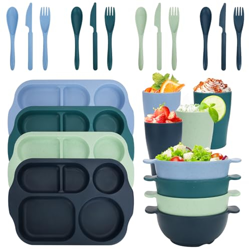 Unzerbrechliches Geschirr Set für 4 Personen, 24 Stück Kunststoff Geteilte Teller Sets, Schüsseln Set, Besteck Set, Wiederverwendbares Geschirr-Set für Erwachsene Kinder Schule, Büro, Zuhause, Party