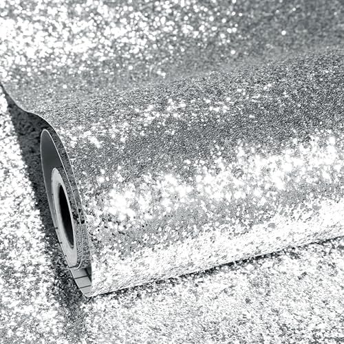 ReWallpaper Silver Sparkle Wallpaper Peel and Stick Glitter Stair Stickers Self-Adhesive 40CM×3M Silver Sparkly Contact Paper for Cabinets Crafts Wall Removable Stick on Wallpaper Girls Room